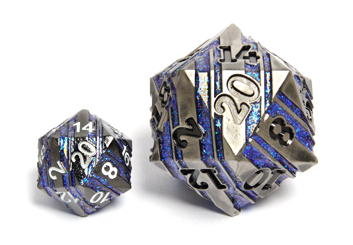 Metal Ore Dice | Giant D20 | Silver & Blue | Black Ink