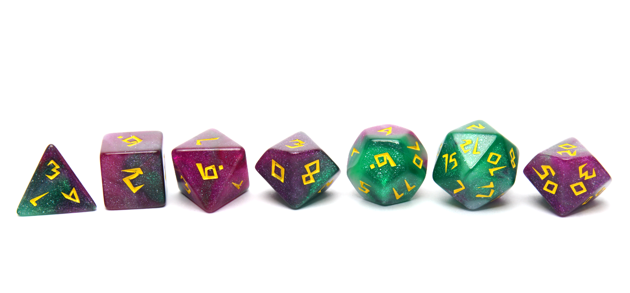 Glitter Green & Purple Runic Dice Lineup