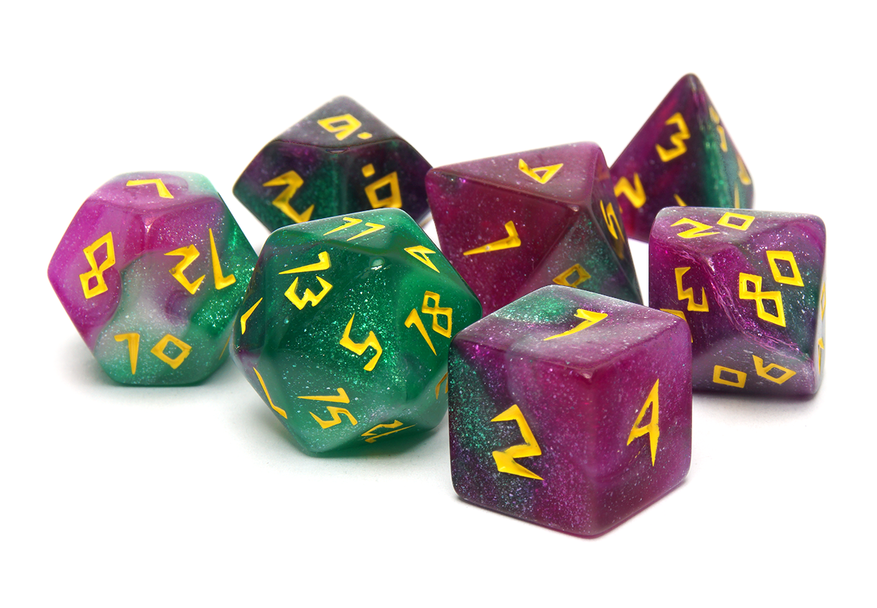 Glitter Green & Purple Runic Dice Full Set