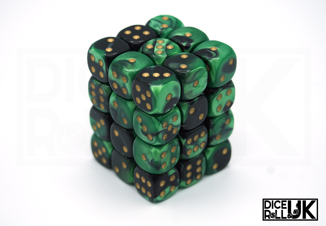 Chessex Gemini | 36x12mm D6 | Black & Green Chessex Gemini | 36x12mm D6 | Black & Green from DiceRoll UK