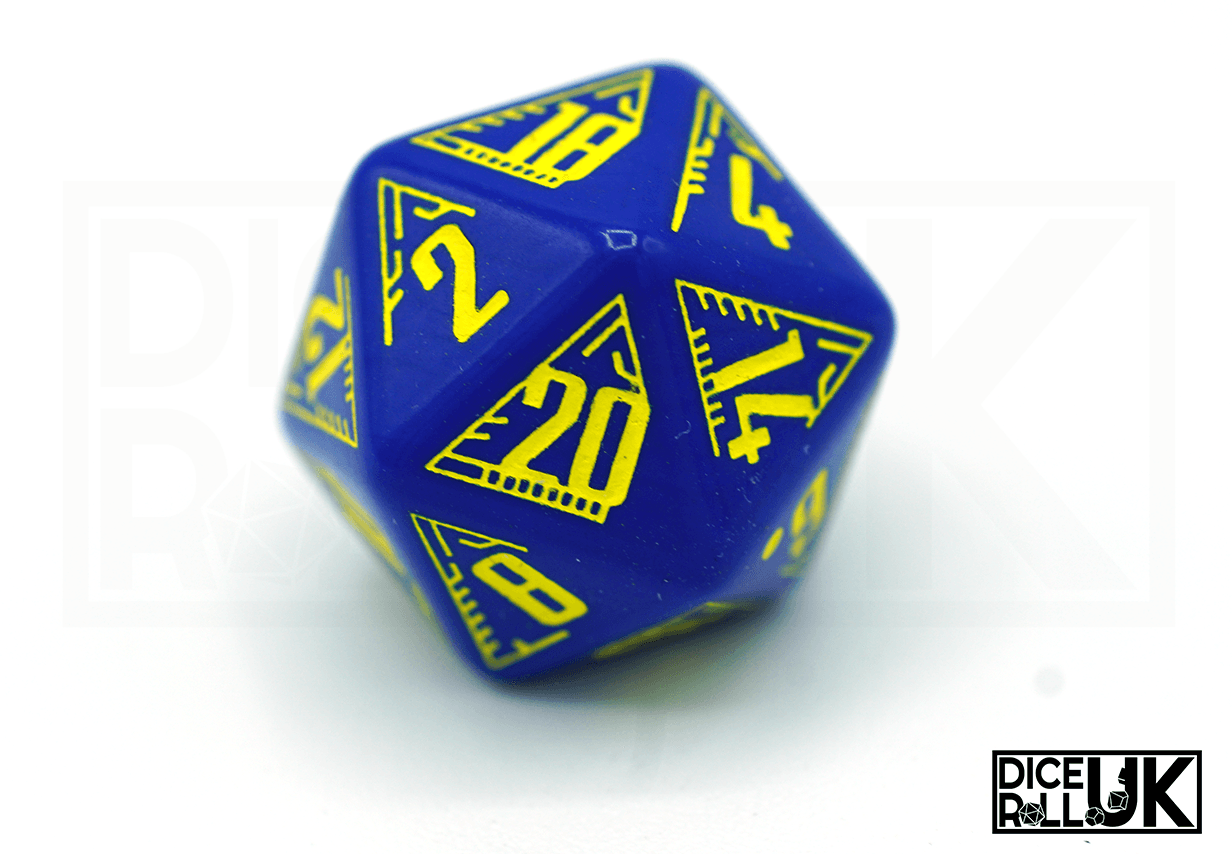 Yellow and Blue Galactic Navy Dice - D20 Closeup