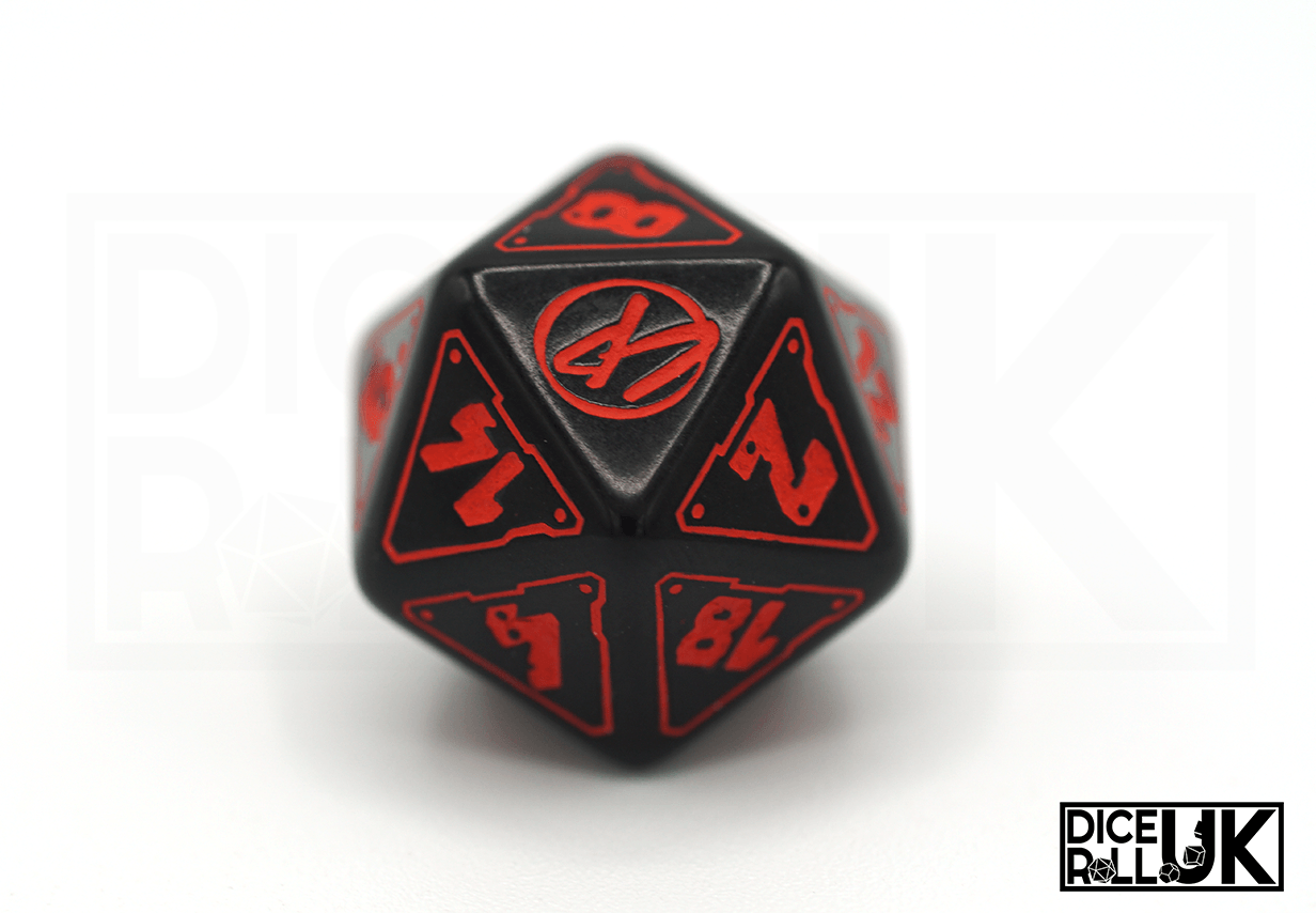 Cyberpunk RPG Dice Set - Black & Red - D20 Closeup