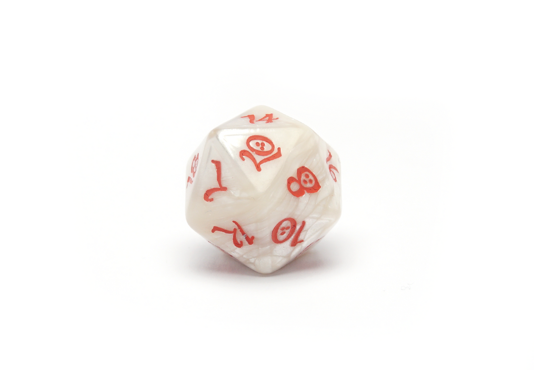 Pearl & Red Classic RPG Dice Set - D20 Closeup