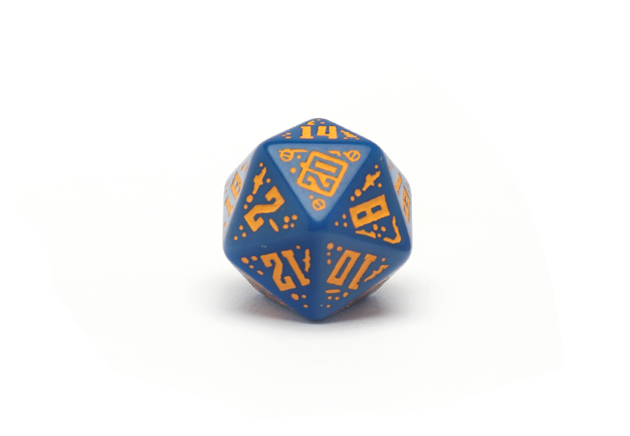 Final Race Blue and Orange Dice: Road Fever D20 Closeup