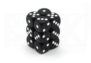 12 Opaque Black D6 Dice With White Pips