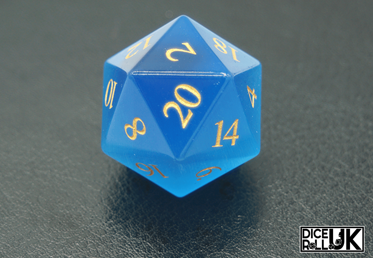 Deep Blue Cats Eye Dice - D20 Closeup Dark Background
