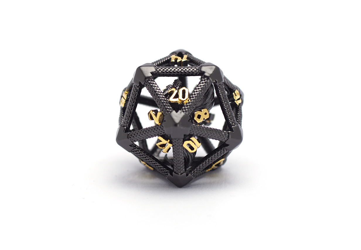 Hollow Caged Dragon Dice black and gold D20 Close Up