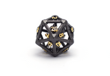 Hollow Caged Dragon Dice black and gold D20 Close Up