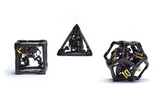 Hollow Caged Dragon Dice black and gold D6 D4 D12 Close Up