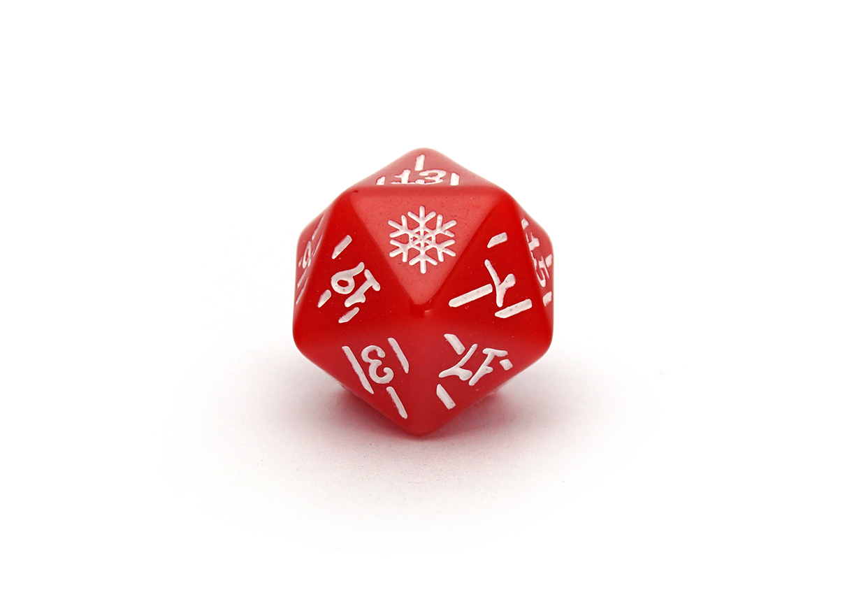 Bright Red Christmas D20 Dice with white ink decorations and Snowflake