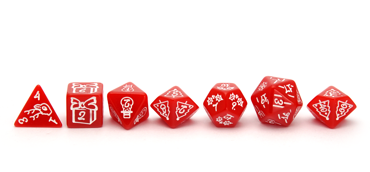 Bright Red Christmas Dice Set with white ink decorations lined up