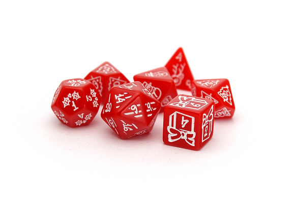 Bright Red Christmas Dice Set with white ink decorations