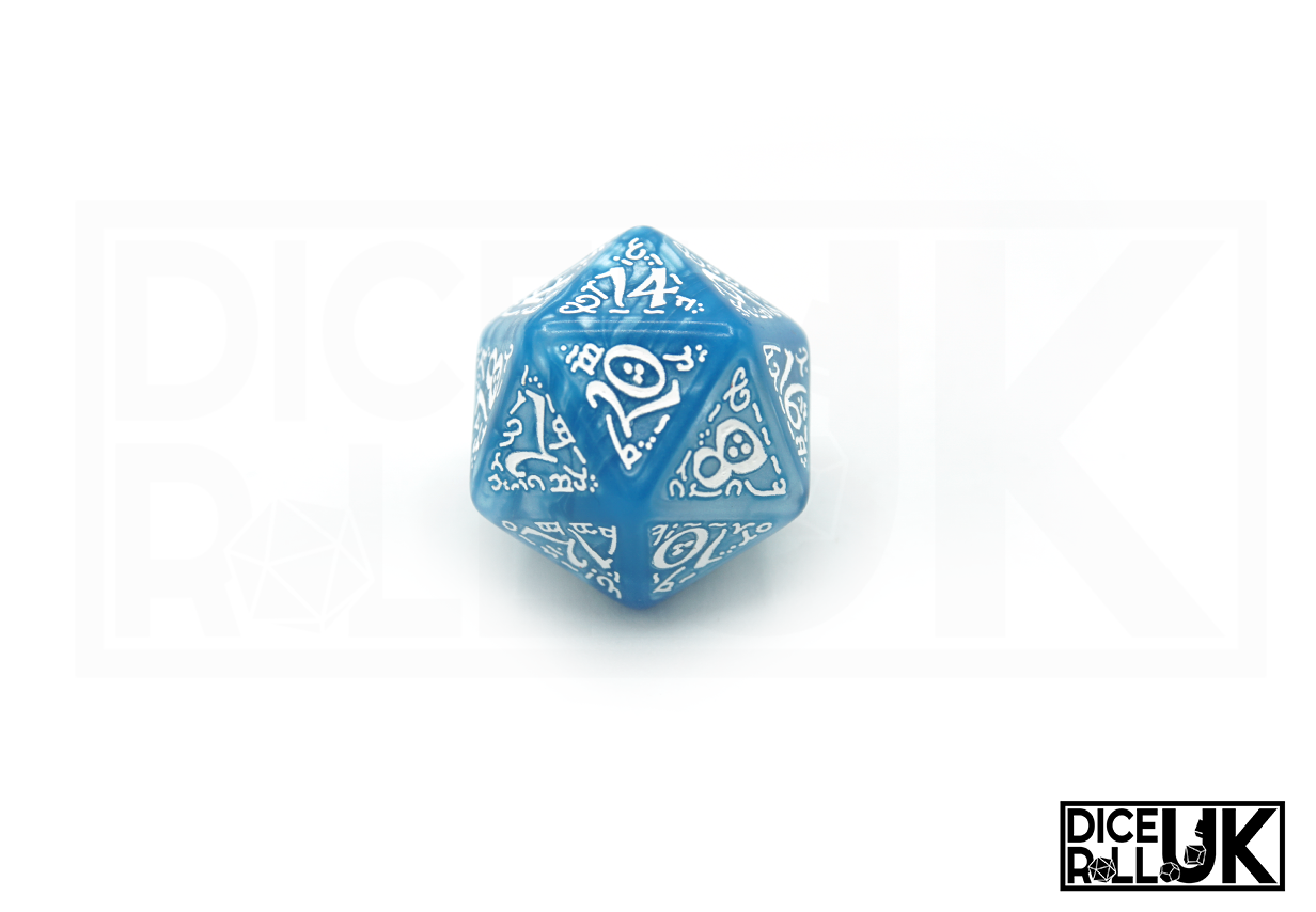 Glacier Blue Elvish Dice With White Font - D20 Closeup