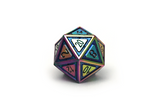 Metal Frame Anodized Dice rainbow d20 close up
