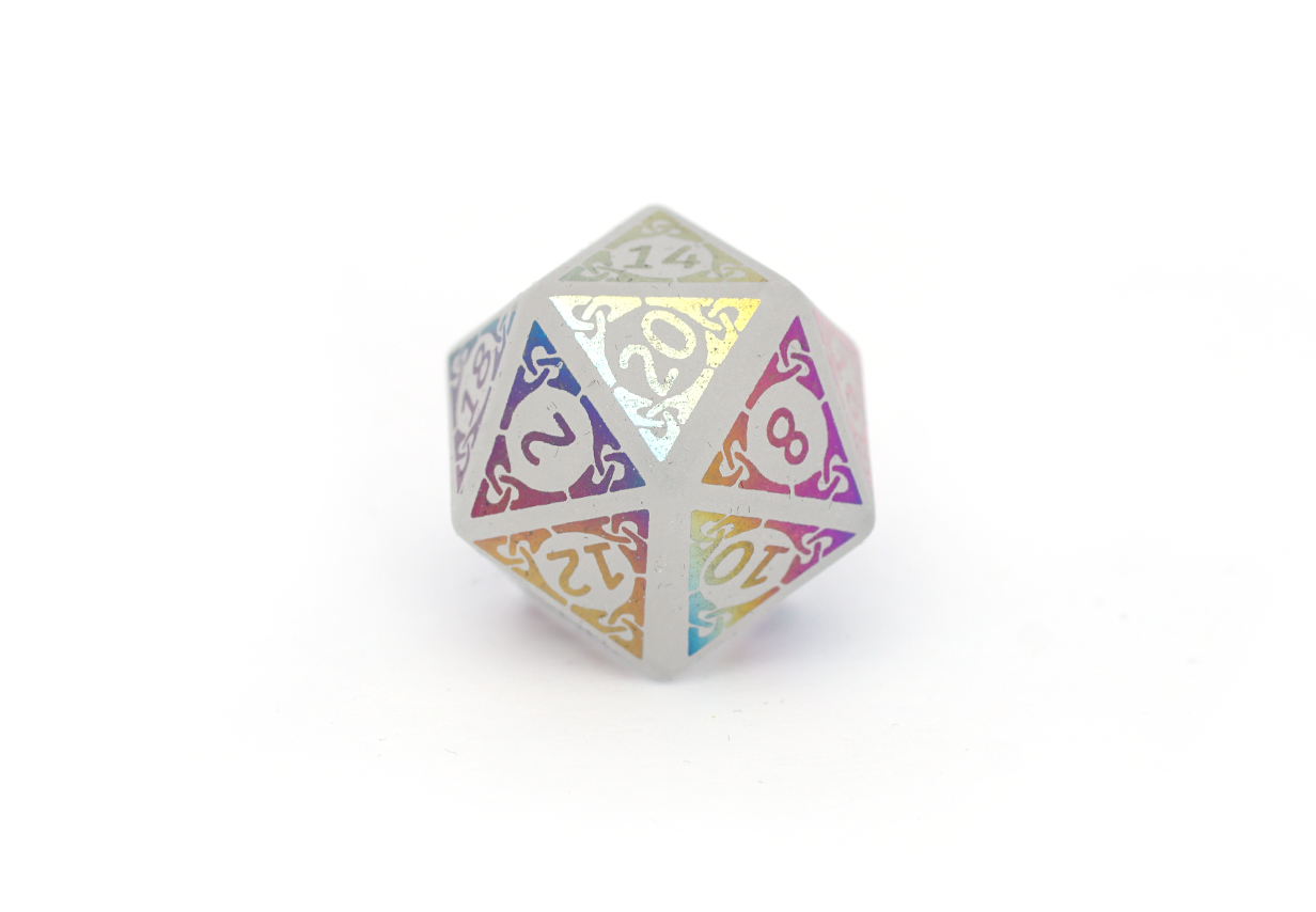 White quartz dice with rainbow font, D20 Close up