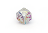 White quartz dice with rainbow font, D20 Close up
