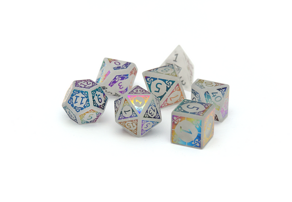 White quartz dice with rainbow font, full set.