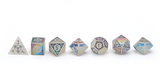 White quartz dice with rainbow font, full line up