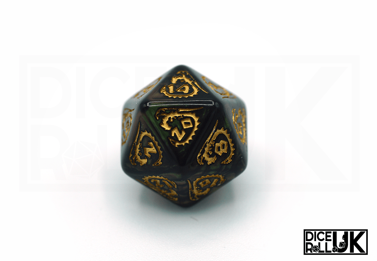 Dragons Dice - Bottle Green & Gold - D20 Closeup