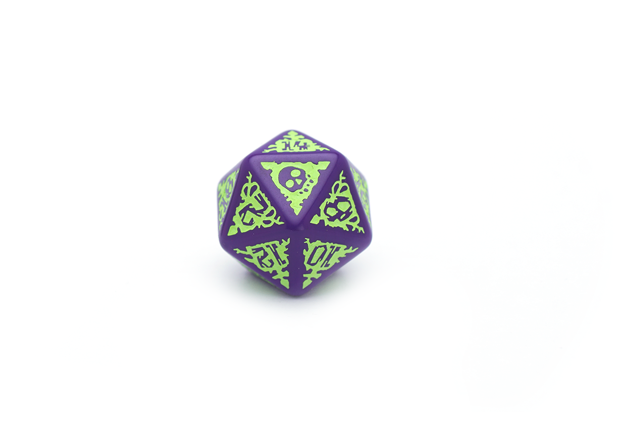 Pathfinder: Purple Green Goblin Dice D20 Closeup