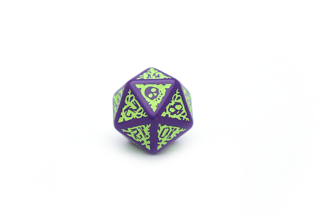 Pathfinder: Purple Green Goblin Dice D20 Closeup