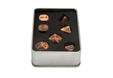 Gyld Metal Damage Dice - Bludgeoning bronze copper metal dice in a metal tin