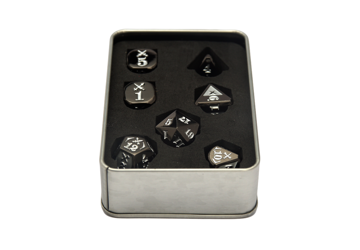 Gyld Metal Damage Dice - Piercing black metal dice in a tin