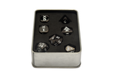 Gyld Metal Damage Dice - Piercing black metal dice in a tin
