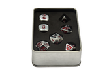 Gyld Metal Damage Dice - Slashing polished metal with red numbers in a tin