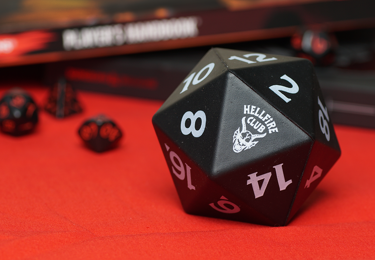 Stranger Things Hellfire Dice Stress Ball With Red Background