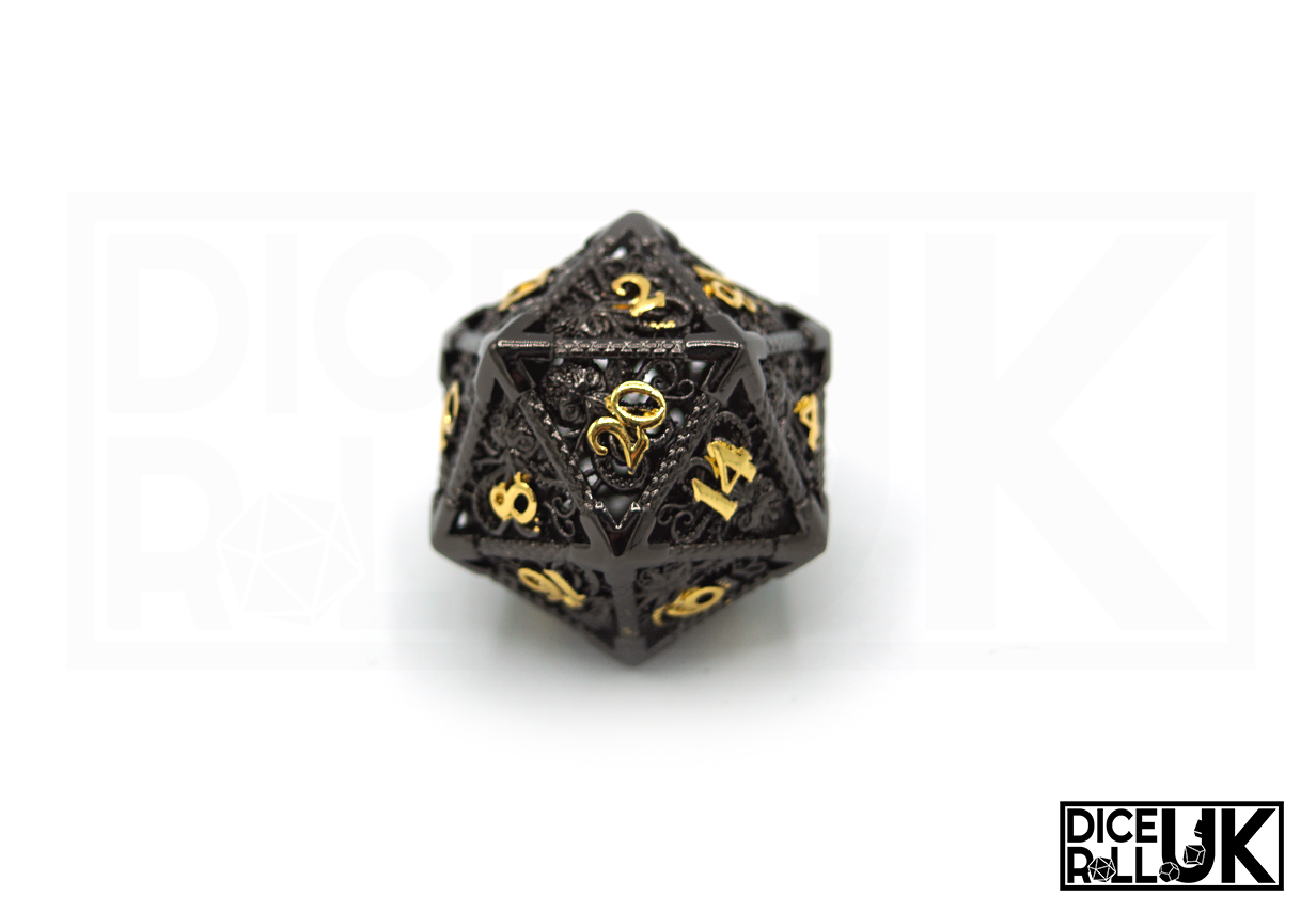 Black And Gold Hollow Metal Kraken Dice Set - D20 Closeup