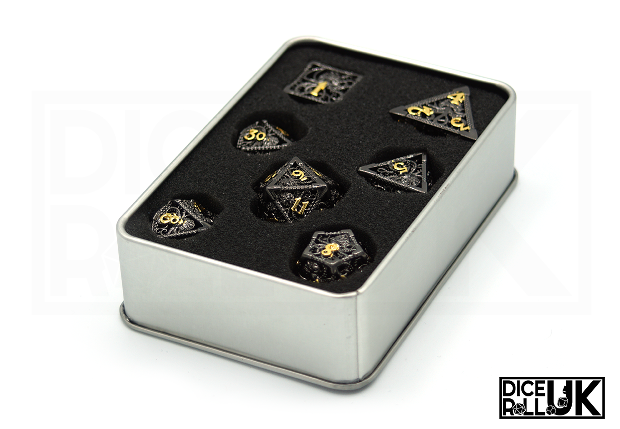 Black And Gold Hollow Metal Kraken Dice Set - Set in Tin