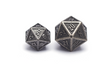 Mini Metal Dice - Silver d20 compared to a much larger d20 close up