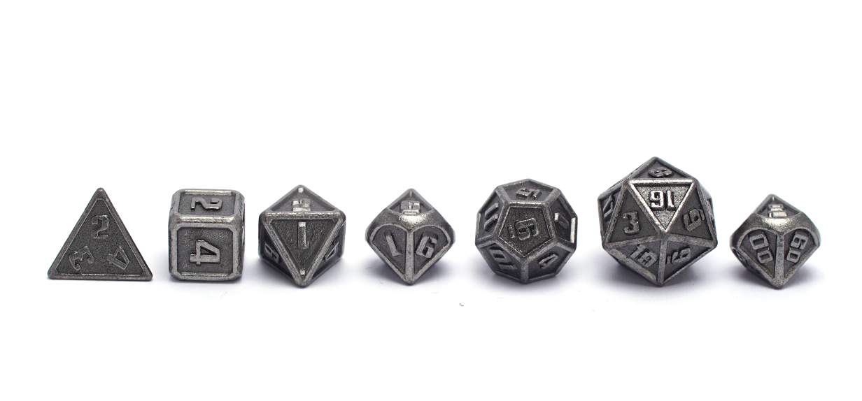 Mini Metal Dice - Silver line up of tiny dice