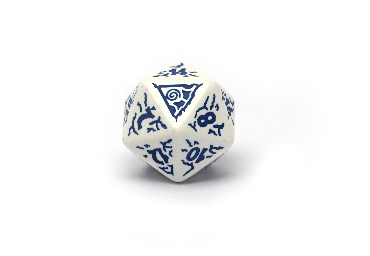 Pathfinder - Reign of Winter Dice Set white dice with blue ice themed patterns d20 close up