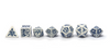 Pathfinder - Reign of Winter Dice Set white dice with blue ice themed patterns full line up