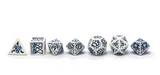 Pathfinder - Reign of Winter Dice Set white dice with blue ice themed patterns full line up