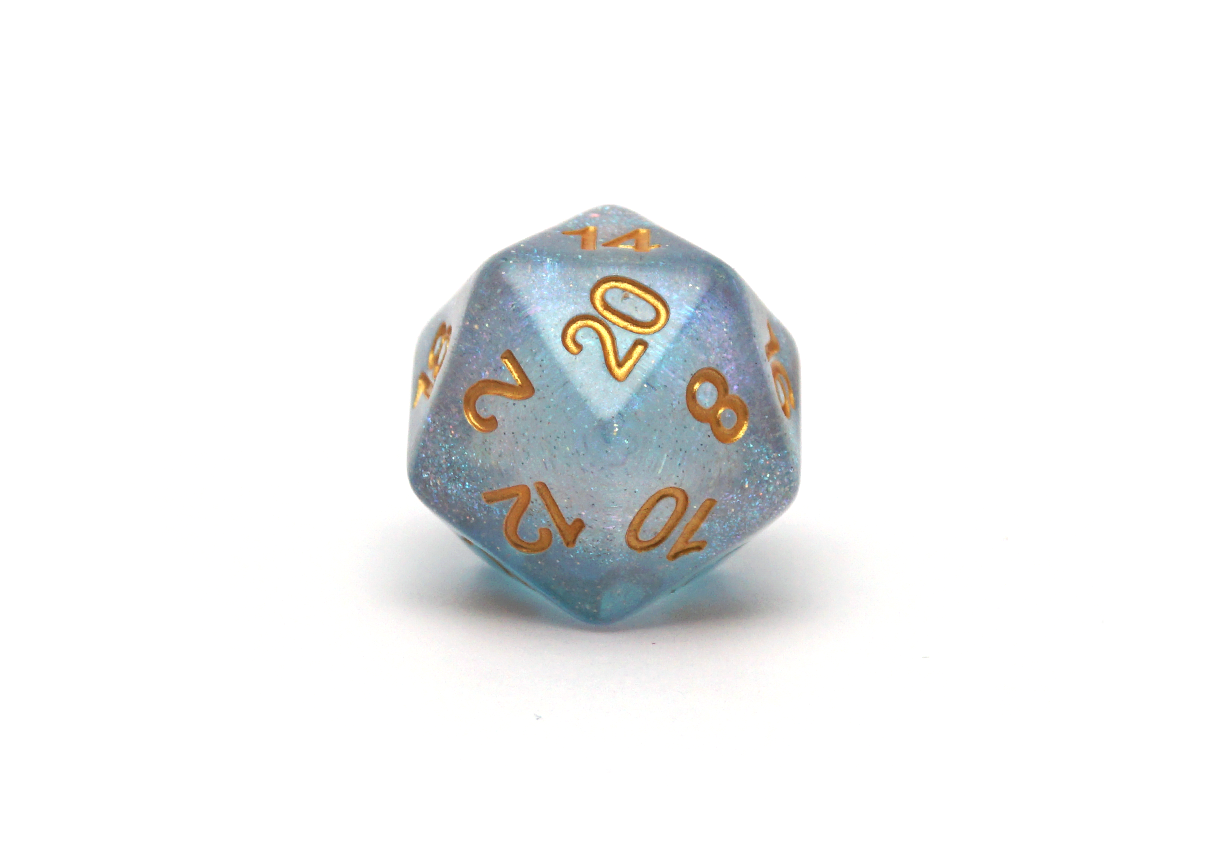 Pride Dice - Transgender flag polyset translucent pink blue and white d20 close up