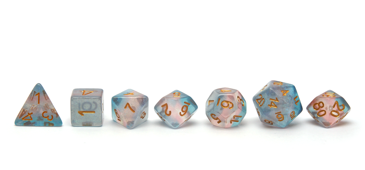 Pride Dice - Transgender flag polyset translucent pink blue and white full line up