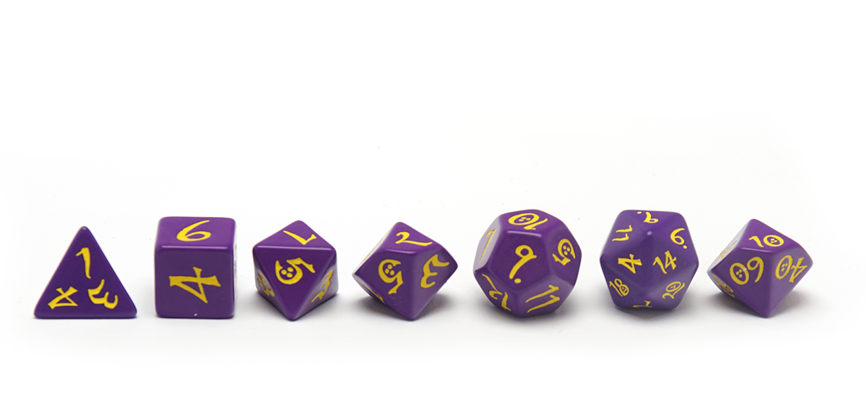 Purple & Yellow Classic RPG Dice Set - Lineup