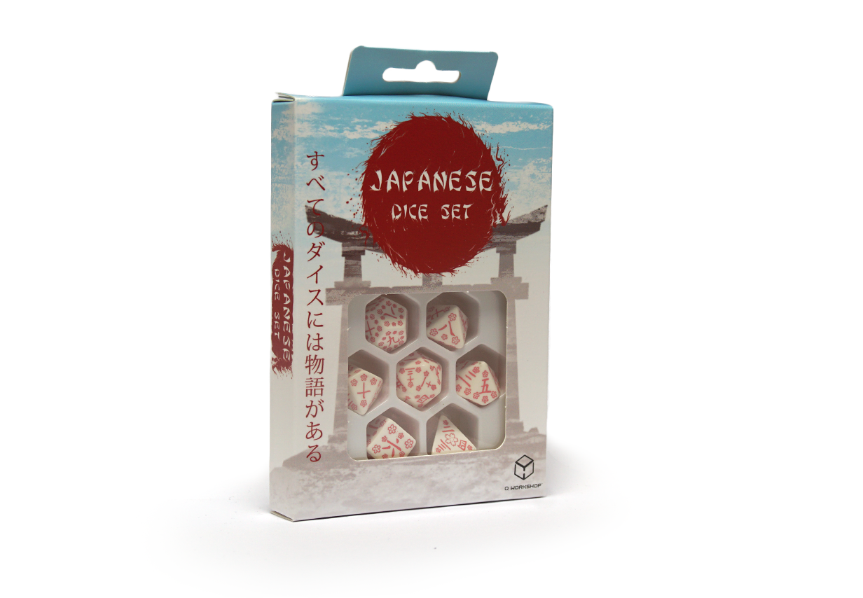Japanese Dice Set - Cherry Blossom Petals box front white dice with red kanji numbers