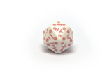 Japanese Dice Set - Cherry Blossom Petals d20 close up white dice with red kanji numbers