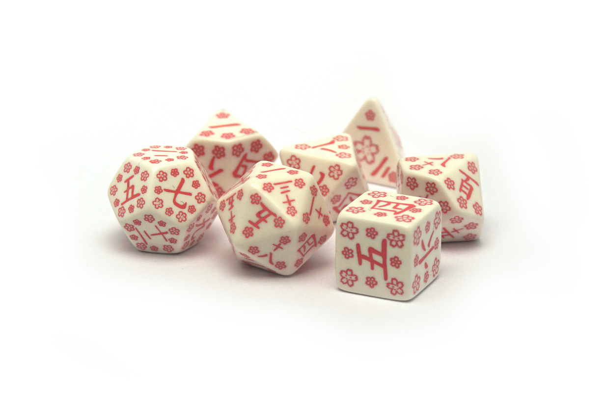 Japanese Dice Set - Cherry Blossom Petals full polyset white cream dice with kanji numbers