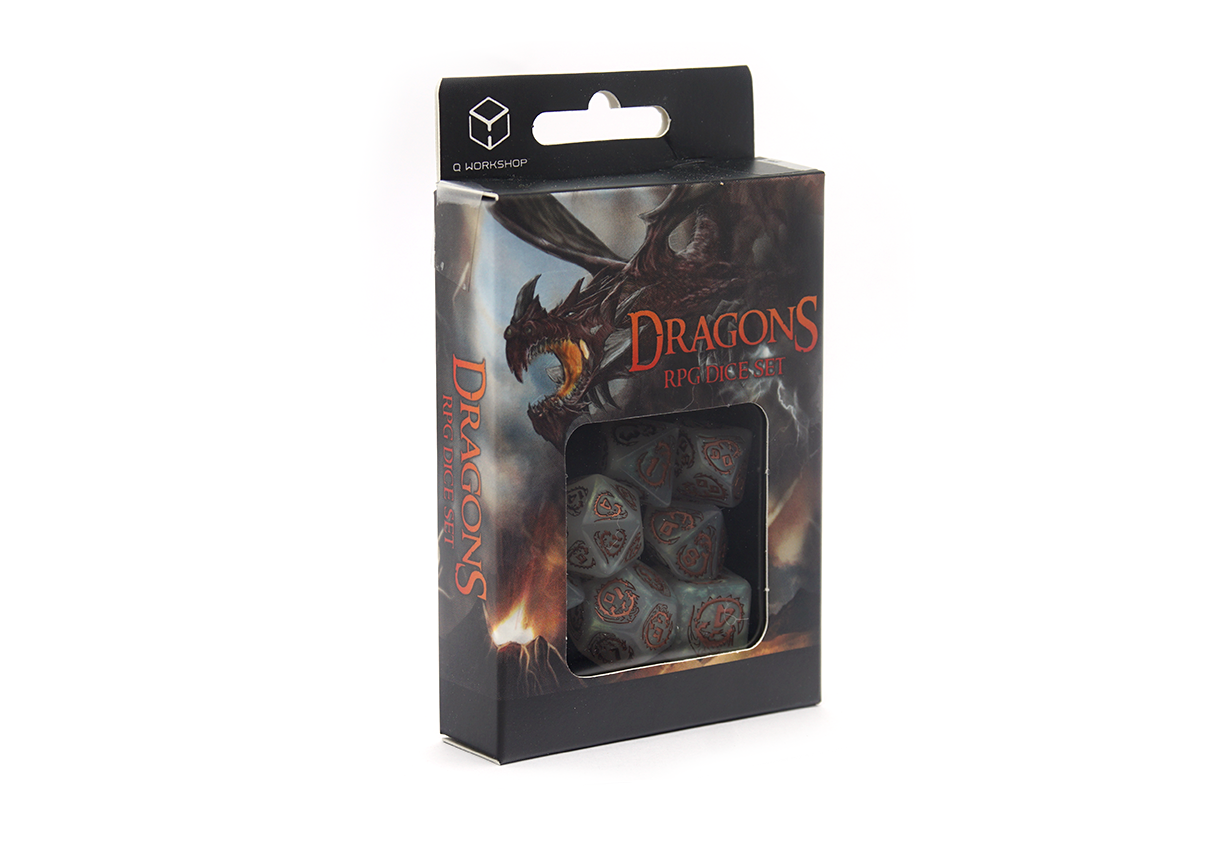 Dragons RPG Dice Set - Quartz white crystal appearance golden dragon box set front