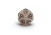 Dragons RPG Dice Set - Quartz white crystal appearance d20 close up with golden dragons