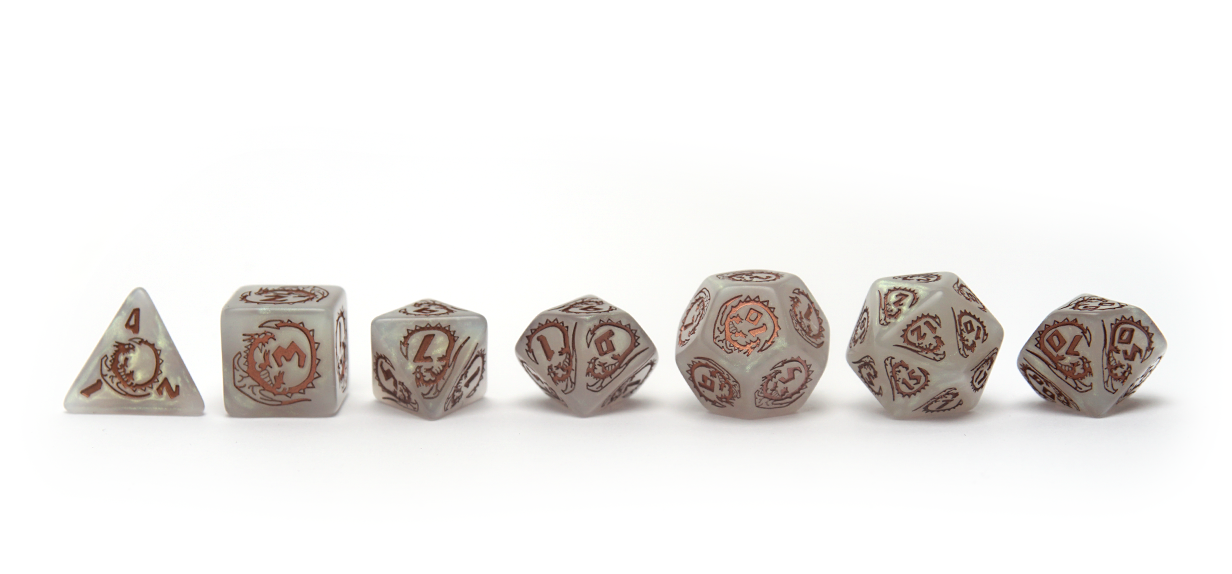 Dragons RPG Dice Set - Quartz white crystal appearance with golden dragons full line up