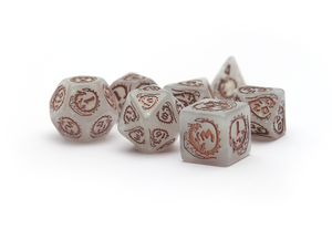Dragons RPG Dice Set - Quartz white crystal appearance with golden dragons full polyset