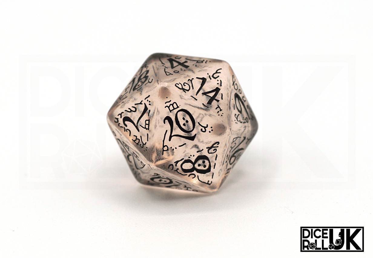 Translucent Elvish Dice With Black Ink - D20 Closeup