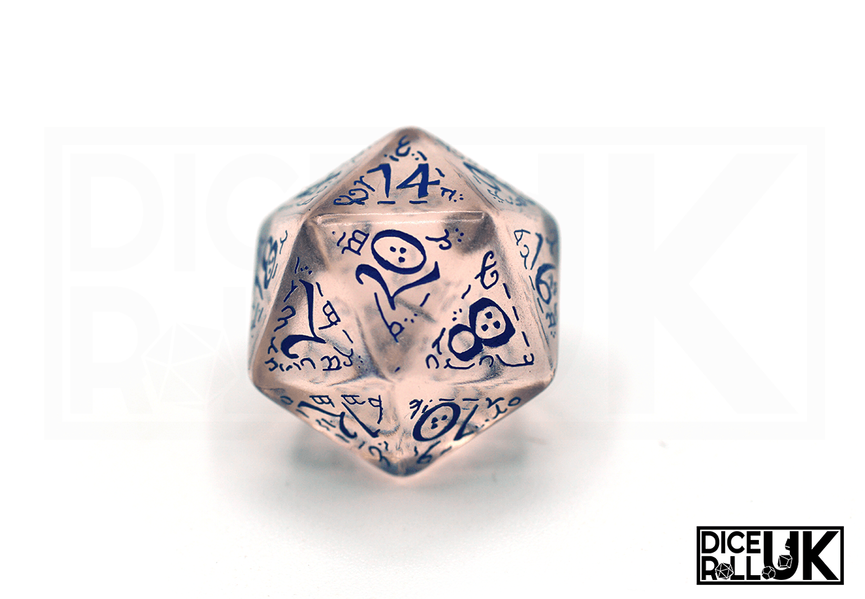 Translucent Elvish Dice With Blue Ink - D20 Closeup