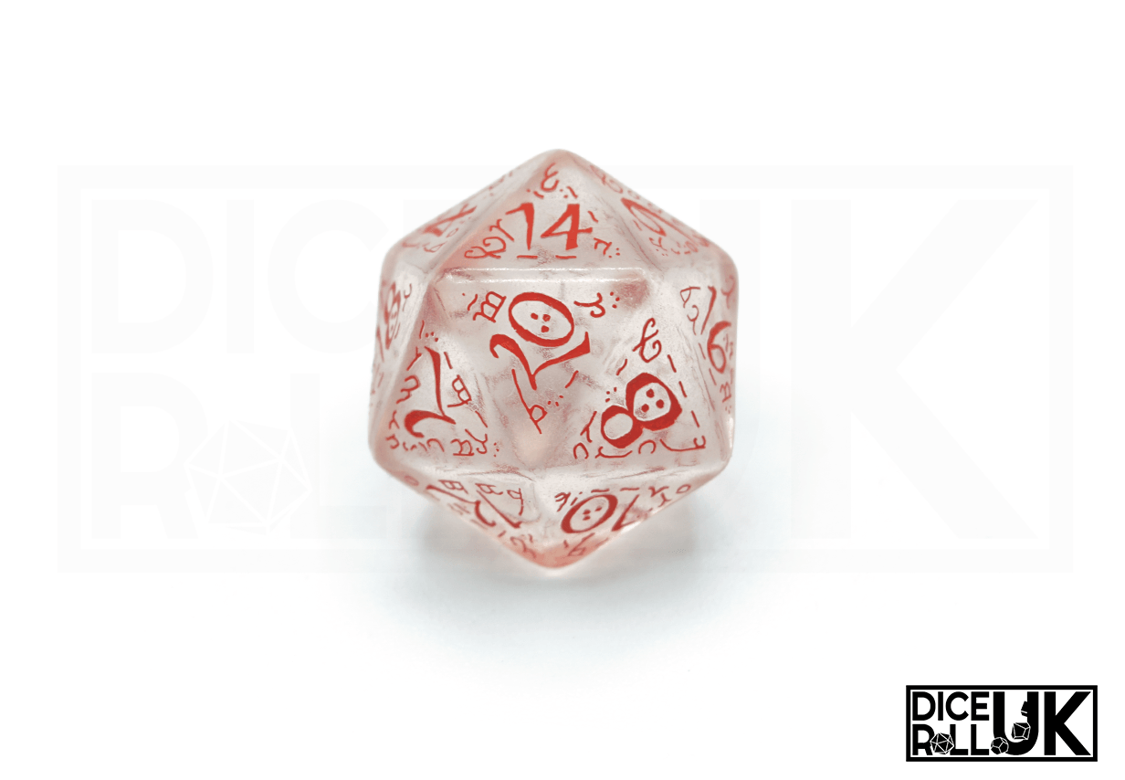 Translucent Elvish Dice With Red Ink - D20 Closeup